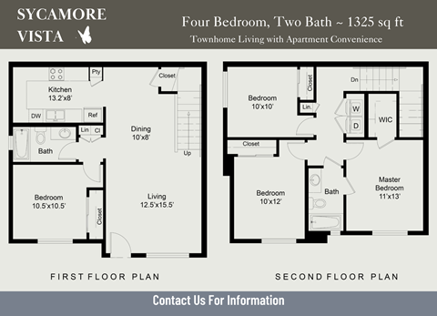 Floor plan for 4 beds, 2 baths, 1325 sqft